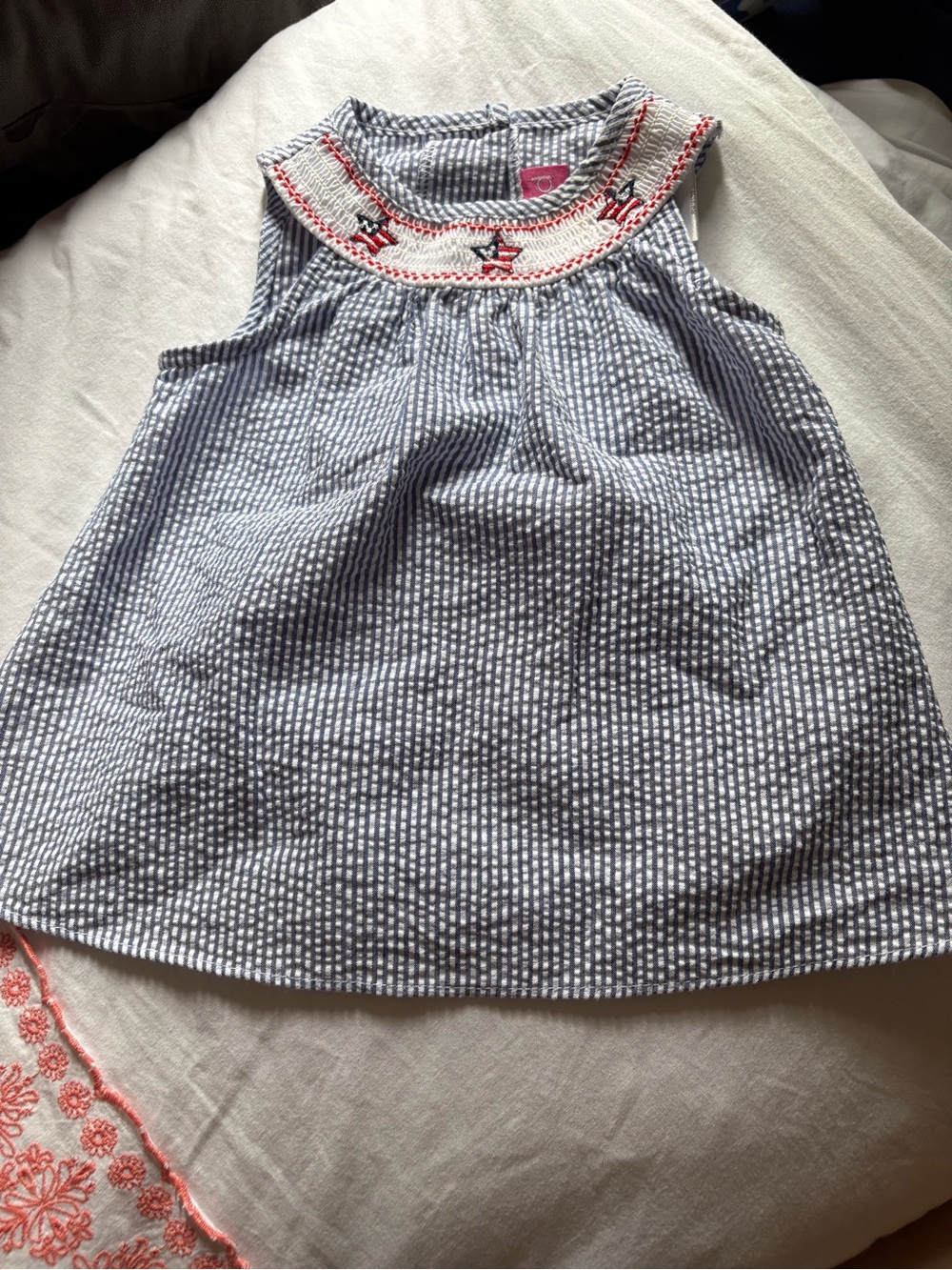 Good Lad Navy & White Seersucker Smocked Yoke Tank with Coral Stitching